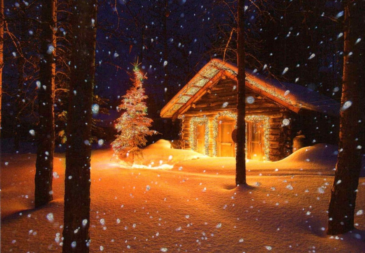 Weihnachtspostkarte Haus Wald Schnee friedliche weihnachten