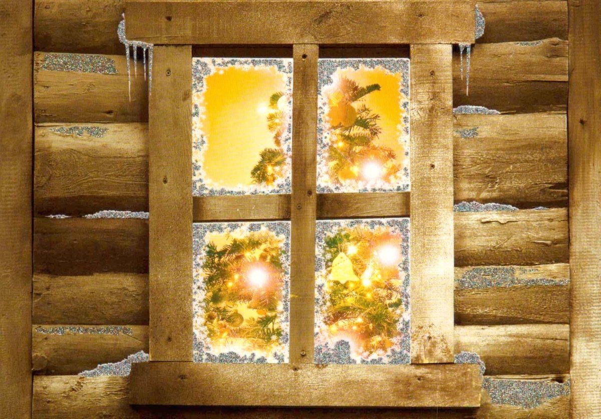 Weihnachtspostkarte Holzfenster Frohe Weihnachten