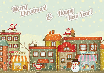 Weihnachtspostkarte mit Santa & Schneemann – Festliche Winterhäuser und Geschäfte Illustration, Merry Christmas & Happy New Year