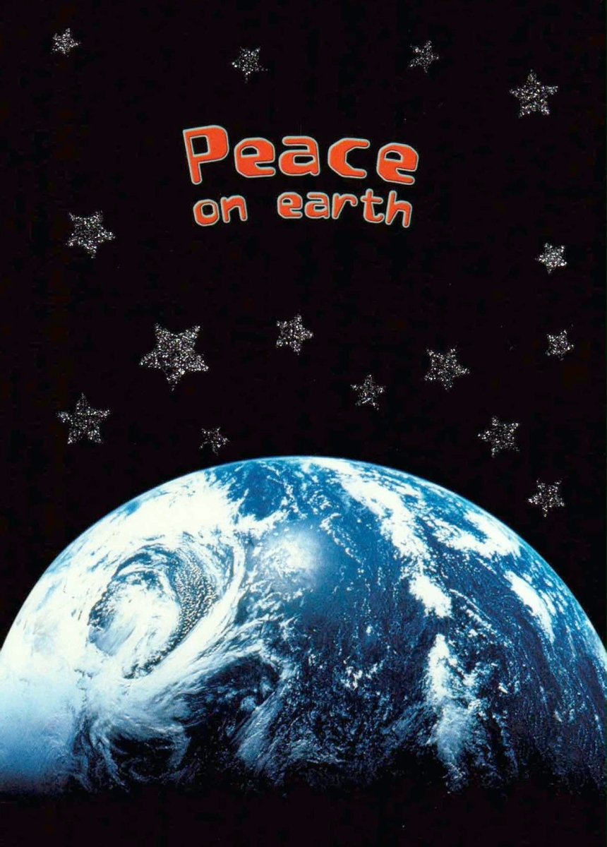 Weihnachtspostkarte: peace on earth Sterne Planet