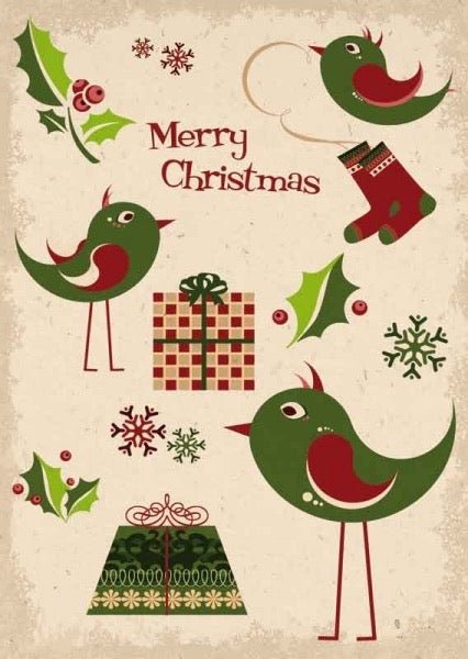 Weihnachtspostkarte Vögel Geschenke Illustration: Merry Christmas