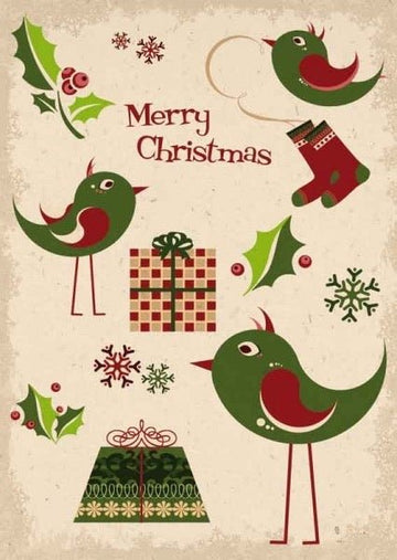 Weihnachtspostkarte Vögel Geschenke Illustration: Merry Christmas