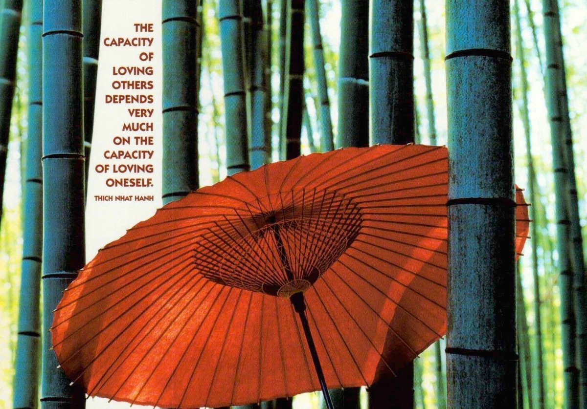 Zen - Meditation Postkarte: Bambuswald mit rotem Schirm - Natur & Ruhe für Erholung und Harmonie, Grüntöne Waldlandschaft, Inspirierende Spiritualität
